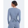 imageYEOREO Women Pilates Wrap Top Long Sleeve Tie Ballet Workout Yoga Shirt Michelie Y2K V Neck Cropped TopsGranite Blue