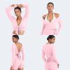 imageYEOREO Women Pilates Wrap Top Long Sleeve Tie Ballet Workout Yoga Shirt Michelie Y2K V Neck Cropped TopsPink