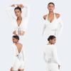 imageYEOREO Women Pilates Wrap Top Long Sleeve Tie Ballet Workout Yoga Shirt Michelie Y2K V Neck Cropped TopsWhite