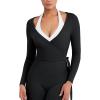 imageYEOREO Women Pilates Wrap Top Long Sleeve Tie Ballet Workout Yoga Shirt Michelie Y2K V Neck Cropped TopsBlack