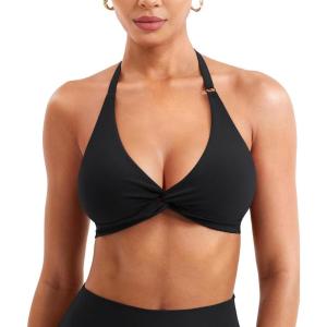 imageYEOREO Halter Sports Bras for Women Low Impact Removable Padded Adjustable Deep V Bra Seamless Workout Gym Crop TopsBlack