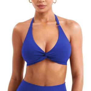 imageYEOREO Halter Sports Bras for Women Low Impact Removable Padded Adjustable Deep V Bra Seamless Workout Gym Crop TopsDark Blue
