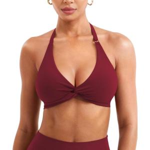 imageYEOREO Halter Sports Bras for Women Low Impact Removable Padded Adjustable Deep V Bra Seamless Workout Gym Crop TopsScarlett Red