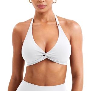 imageYEOREO Halter Sports Bras for Women Low Impact Removable Padded Adjustable Deep V Bra Seamless Workout Gym Crop TopsWhite