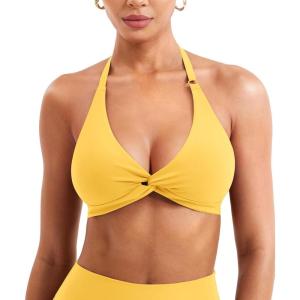 imageYEOREO Halter Sports Bras for Women Low Impact Removable Padded Adjustable Deep V Bra Seamless Workout Gym Crop TopsYellow
