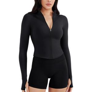 imageYEOREO SoftHue Womens Athletic Jacket Cropped Long Sleeve Workout Top Zip Up Gym Compression Shirts with Thumb HolesBlack