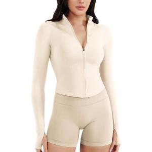 imageYEOREO SoftHue Womens Athletic Jacket Cropped Long Sleeve Workout Top Zip Up Gym Compression Shirts with Thumb HolesOffwhite