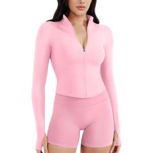 imageYEOREO SoftHue Womens Athletic Jacket Cropped Long Sleeve Workout Top Zip Up Gym Compression Shirts with Thumb HolesPink