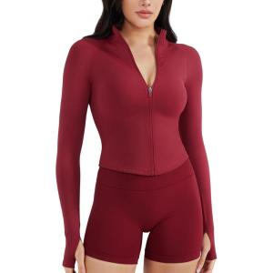 imageYEOREO SoftHue Womens Athletic Jacket Cropped Long Sleeve Workout Top Zip Up Gym Compression Shirts with Thumb HolesScarlett Red