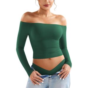 imageYEOREO Sophie Women Off Shoulder Long Sleeve Shirts Double Lined Basic Undershirt Y2K Going Out TopsDark Green