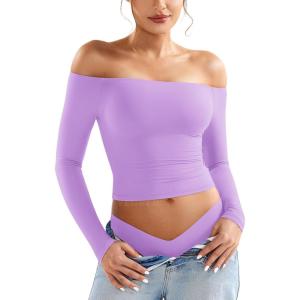 imageYEOREO Sophie Women Off Shoulder Long Sleeve Shirts Double Lined Basic Undershirt Y2K Going Out TopsLilac
