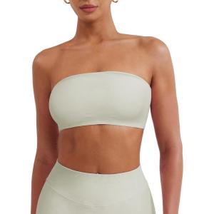 imageYEOREO Strapless Bandeau Sports Bra for Workout Seamless Tube Top Gym Padded Wireless BraBeige