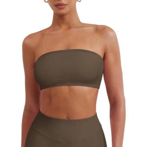 imageYEOREO Strapless Bandeau Sports Bra for Workout Seamless Tube Top Gym Padded Wireless BraCoffee