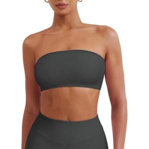 imageYEOREO Strapless Bandeau Sports Bra for Workout Seamless Tube Top Gym Padded Wireless BraDark Grey