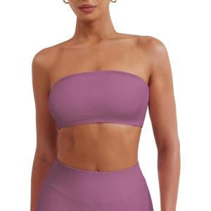 imageYEOREO Strapless Bandeau Sports Bra for Workout Seamless Tube Top Gym Padded Wireless BraRose Pink