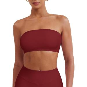 imageYEOREO Strapless Bandeau Sports Bra for Workout Seamless Tube Top Gym Padded Wireless BraScarlet