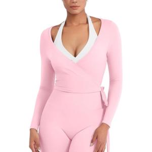 imageYEOREO Women Pilates Wrap Top Long Sleeve Tie Ballet Workout Yoga Shirt Michelie Y2K V Neck Cropped TopsPink