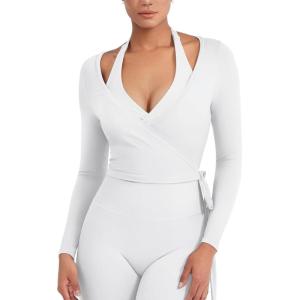 imageYEOREO Women Pilates Wrap Top Long Sleeve Tie Ballet Workout Yoga Shirt Michelie Y2K V Neck Cropped TopsWhite