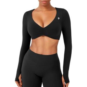 imageYEOREO Long Sleeve Crop Tops for Women Agantha Deep V Neck Ruched Padded Workout Gym Cropped T Shirt Top with Thumb HolesBlack
