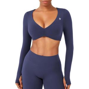 imageYEOREO Long Sleeve Crop Tops for Women Agantha Deep V Neck Ruched Padded Workout Gym Cropped T Shirt Top with Thumb HolesNavy