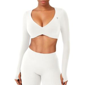 imageYEOREO Long Sleeve Crop Tops for Women Agantha Deep V Neck Ruched Padded Workout Gym Cropped T Shirt Top with Thumb HolesWhite