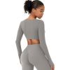 imageYEOREO Long Sleeve Crop Tops for Women Agantha Deep V Neck Ruched Padded Workout Gym Cropped T Shirt Top with Thumb HolesLight Gray