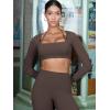 imageYEOREO Long Sleeve Crop Tops for Women Square Neck Workout Yoga Cropped T Shirt Top Padded Halter Neck with DetachableCoffee