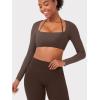 imageYEOREO Long Sleeve Crop Tops for Women Square Neck Workout Yoga Cropped T Shirt Top Padded Halter Neck with DetachableCoffee