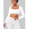 imageYEOREO Long Sleeve Crop Tops for Women Square Neck Workout Yoga Cropped T Shirt Top Padded Halter Neck with DetachableWhite