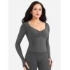 imageYEOREO Long Sleeve Workout Tops for Women Padded Deep V Neck Double Lined Impact Tops Agniee Slim Fit Gym Athletic ShirtsDark Grey
