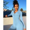 imageYEOREO Women Long Sleeve Workout Jumpsuit Zip Up Romper Bottom Pants Bodysuit Bodycon Sexy One PieceLight Blue