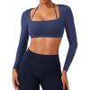 imageYEOREO Long Sleeve Crop Tops for Women Square Neck Workout Yoga Cropped T Shirt Top Padded Halter Neck with DetachableNavy Blue