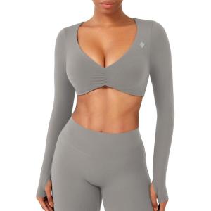 imageYEOREO Long Sleeve Crop Tops for Women Agantha Deep V Neck Ruched Padded Workout Gym Cropped T Shirt Top with Thumb HolesLight Gray