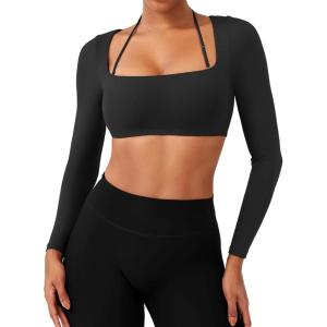 imageYEOREO Long Sleeve Crop Tops for Women Square Neck Workout Yoga Cropped T Shirt Top Padded Halter Neck with DetachableBlack