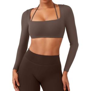 imageYEOREO Long Sleeve Crop Tops for Women Square Neck Workout Yoga Cropped T Shirt Top Padded Halter Neck with DetachableCoffee