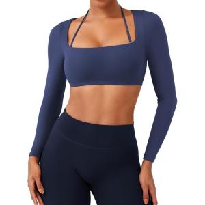imageYEOREO Long Sleeve Crop Tops for Women Square Neck Workout Yoga Cropped T Shirt Top Padded Halter Neck with DetachableNavy Blue