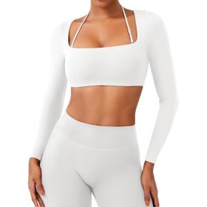 imageYEOREO Long Sleeve Crop Tops for Women Square Neck Workout Yoga Cropped T Shirt Top Padded Halter Neck with DetachableWhite