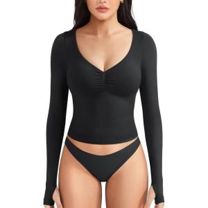 imageYEOREO Long Sleeve Workout Tops for Women Padded Deep V Neck Double Lined Impact Tops Agniee Slim Fit Gym Athletic ShirtsBlack