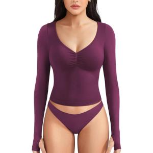 imageYEOREO Long Sleeve Workout Tops for Women Padded Deep V Neck Double Lined Impact Tops Agniee Slim Fit Gym Athletic ShirtsBlack Cherry