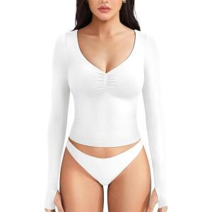 imageYEOREO Long Sleeve Workout Tops for Women Padded Deep V Neck Double Lined Impact Tops Agniee Slim Fit Gym Athletic ShirtsWhite