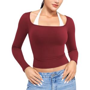 imageYEOREO Long Sleeve Shirts for Women Fitted Workout Tops Double Lined Basic Undershirt Square Neck Y2K Going Out TopsAnchor Red