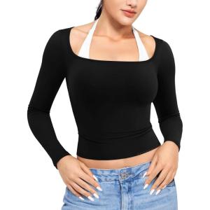 imageYEOREO Long Sleeve Shirts for Women Fitted Workout Tops Double Lined Basic Undershirt Square Neck Y2K Going Out TopsBlack