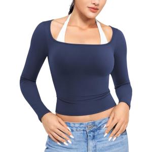 imageYEOREO Long Sleeve Shirts for Women Fitted Workout Tops Double Lined Basic Undershirt Square Neck Y2K Going Out TopsDeep Blue