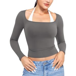 imageYEOREO Long Sleeve Shirts for Women Fitted Workout Tops Double Lined Basic Undershirt Square Neck Y2K Going Out TopsGraphite Gray
