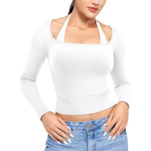 imageYEOREO Long Sleeve Shirts for Women Fitted Workout Tops Double Lined Basic Undershirt Square Neck Y2K Going Out TopsWhite