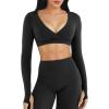 imageYEOREO Women Workout Long Sleeve Crop Tops Aberney Double Lined Deep V Cross Front Padded Yoga Cropped T ShirtBlack