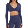 imageYEOREO Women Workout Long Sleeve Crop Tops Aberney Double Lined Deep V Cross Front Padded Yoga Cropped T ShirtNavy Blue