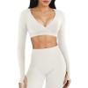imageYEOREO Women Workout Long Sleeve Crop Tops Aberney Double Lined Deep V Cross Front Padded Yoga Cropped T ShirtWhite