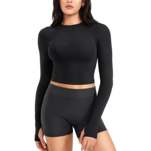 imageYEOREO Women Workout Gym Tops Basic Long Sleeve Shirt Slim Fitted Breathable Stretchy Active Running Yoga Crop TopsBlack