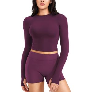 imageYEOREO Women Workout Gym Tops Basic Long Sleeve Shirt Slim Fitted Breathable Stretchy Active Running Yoga Crop TopsBlack Cherry